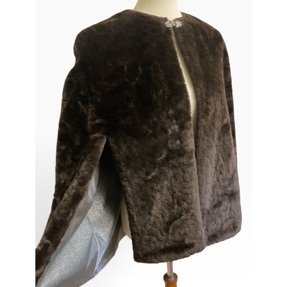Vintage Reversible Faux Fur Cape Metallic Silver Shimmer Evening Wrap Poncho